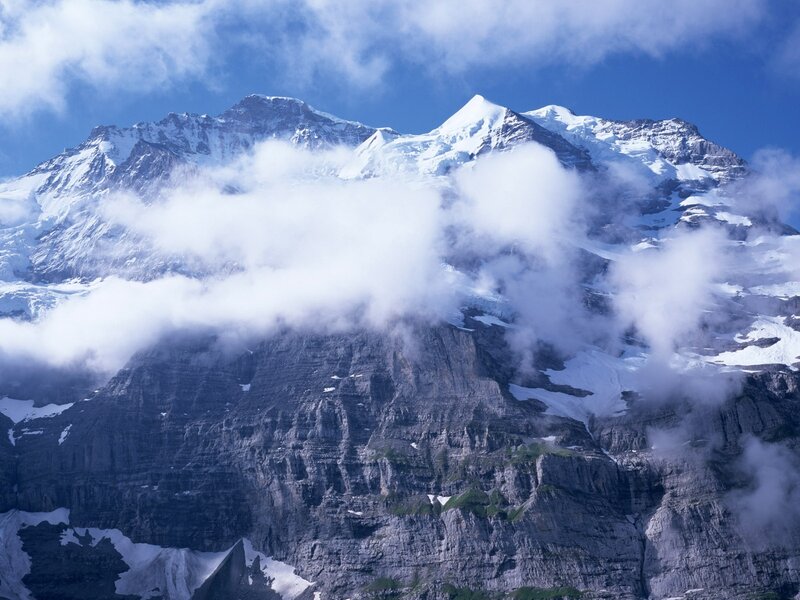 Snow-capped Mountain Range — Blue, Dramatic, Afternoon, Photograph, Clouds, Rocky Cliffs, Snow