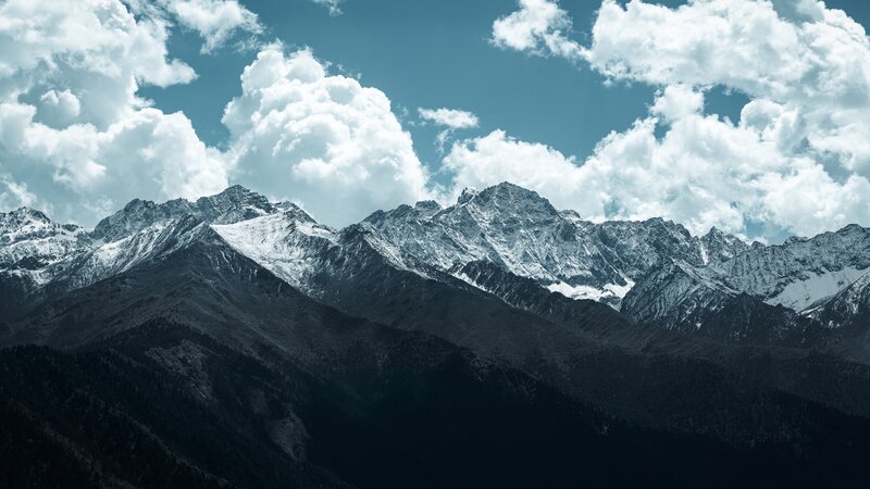 Snow-capped Mountain Range — Blue, Dramatic, Afternoon, Photograph, Clouds, Sky