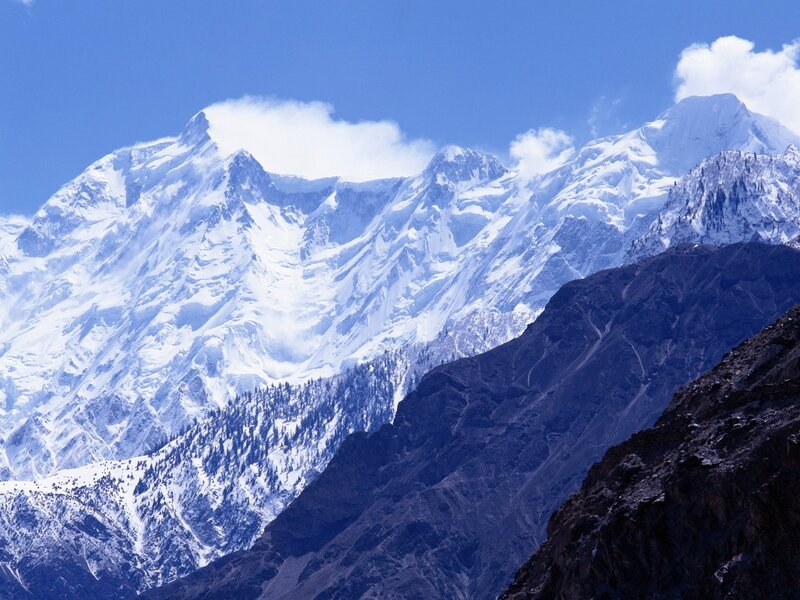 Snow-capped Mountain Range — Blue, Dramatic, Afternoon, Photograph, Clouds, Trees