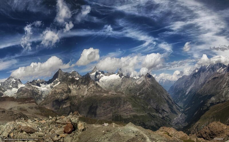 Snow-capped Mountain Range — Blue, Dramatic, Afternoon, Photograph, Clouds, Valley, Rocks