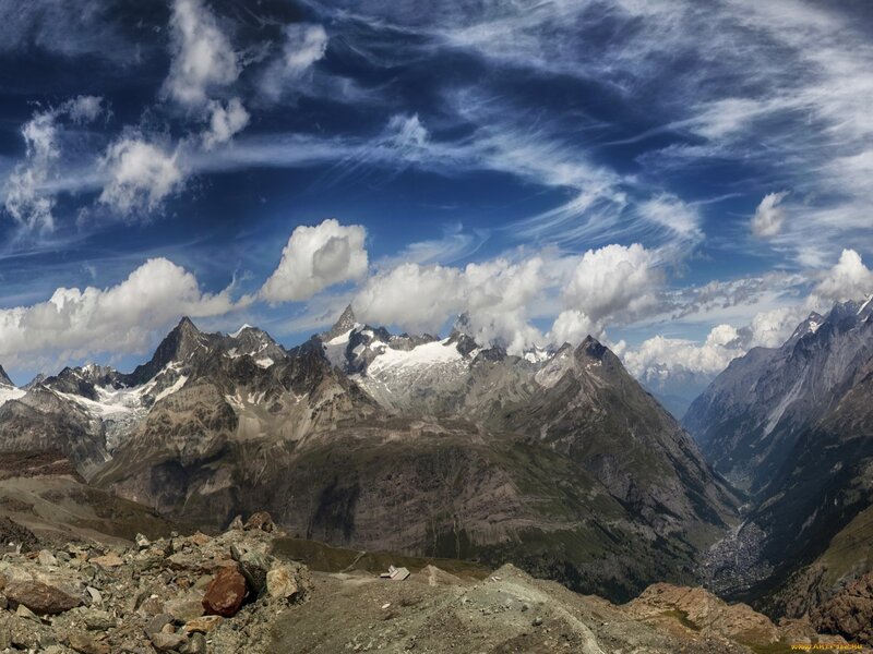 Snow-capped Mountain Range — Blue, Dramatic, Afternoon, Photograph, Clouds, Valley