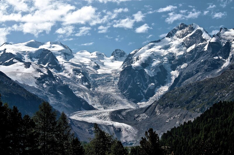 Snow-capped Mountain Range — Blue, Dramatic, Afternoon, Photograph, Glacier, Trees, Clouds