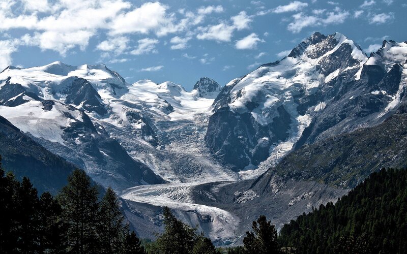Snow-capped Mountain Range — Blue, Dramatic, Afternoon, Photograph, Glacier, Trees
