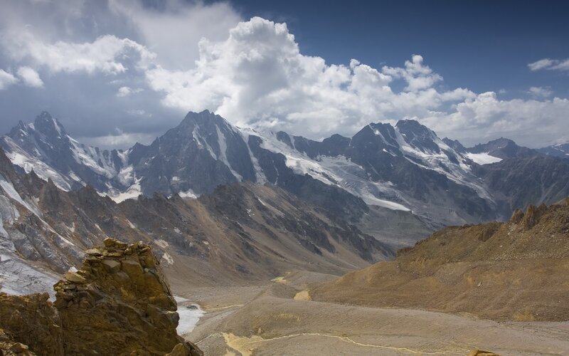 Snow-capped Mountain Range — Blue, Dramatic, Afternoon, Photograph, Mountains, Clouds, Valley