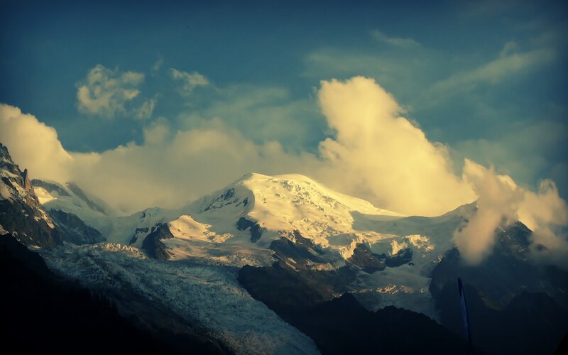 Snow-capped Mountain Range — Blue, Dramatic, Sunrise, Photograph, Clouds, Glacier