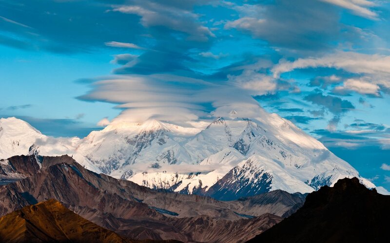 Snow-capped Mountain Range — Blue, Dramatic, Sunrise, Photograph, Clouds, Mountains, Sky