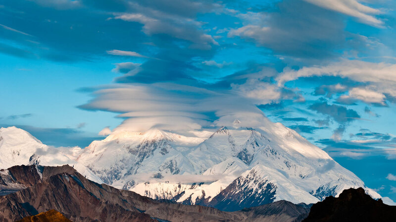Snow-capped Mountain Range — Blue, Dramatic, Sunrise, Photograph, Clouds, Mountains