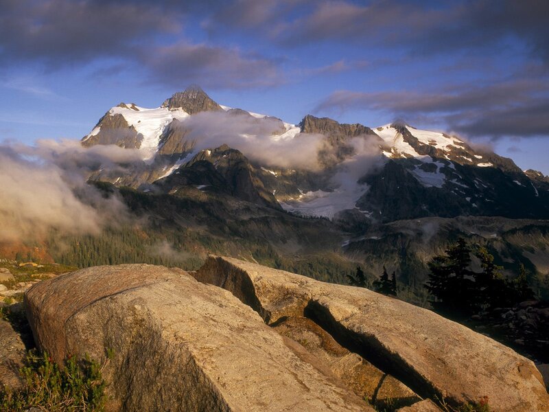 Snow-capped Mountain Range — Blue, Dramatic, Sunrise, Photograph, Clouds, Rocks, Trees