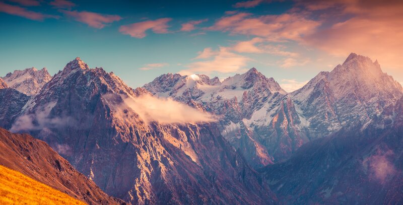 Snow-capped Mountain Range — Blue, Dramatic, Sunrise, Photograph, Clouds, Sky