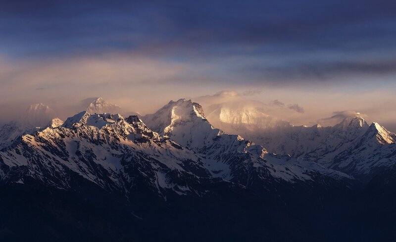 Snow-capped Mountain Range — Blue, Dramatic, Sunrise, Photograph, Mountains, Clouds, Sky