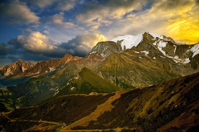 Snow-capped Mountain Range — Blue, Dramatic, Sunset, Photograph, Mountains, Clouds, Valley
