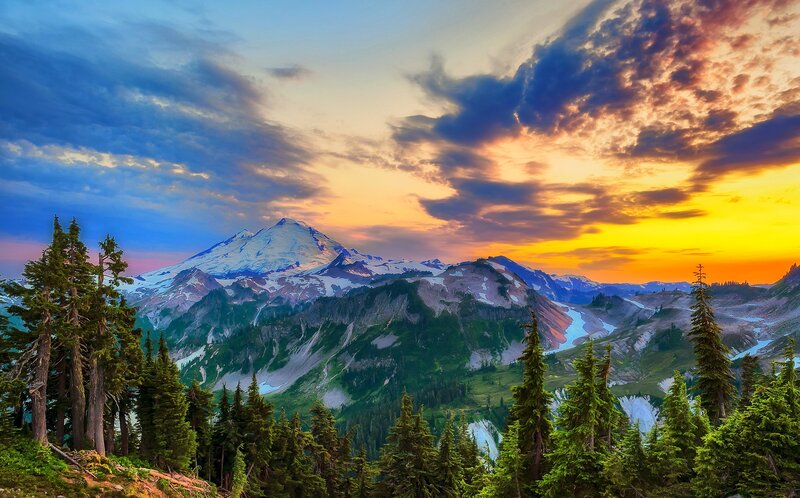 Snow-capped Mountain Range — Blue, Dramatic, Sunset, Photograph, Trees