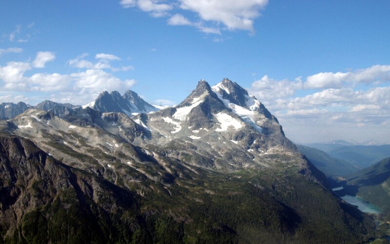Snow-capped Mountain Range — Blue, Serene, Afternoon, Photograph, Clouds, Forest, Lake, Green, Gray