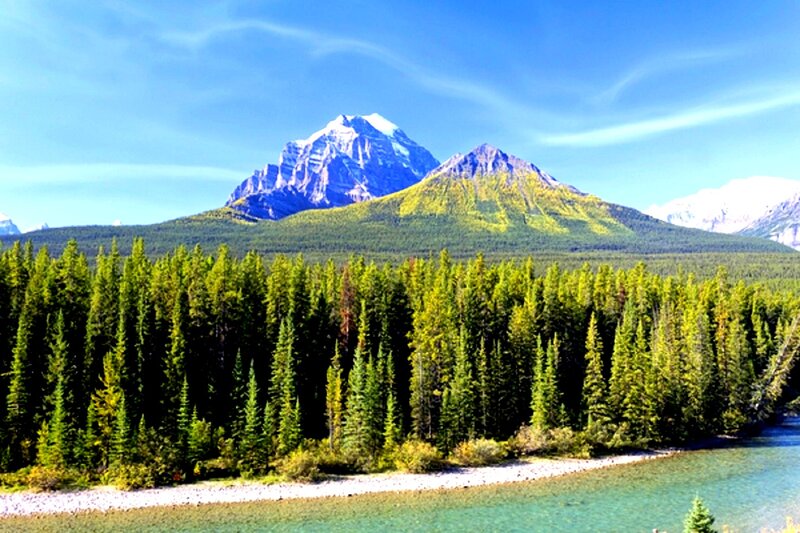 Snow-capped Mountain Range — Blue, Serene, Afternoon, Photograph, Forest, River