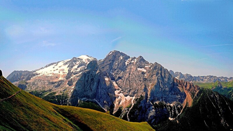 Snow-capped Mountain Range — Blue, Serene, Afternoon, Photograph, Green Hills, Rocky Peaks