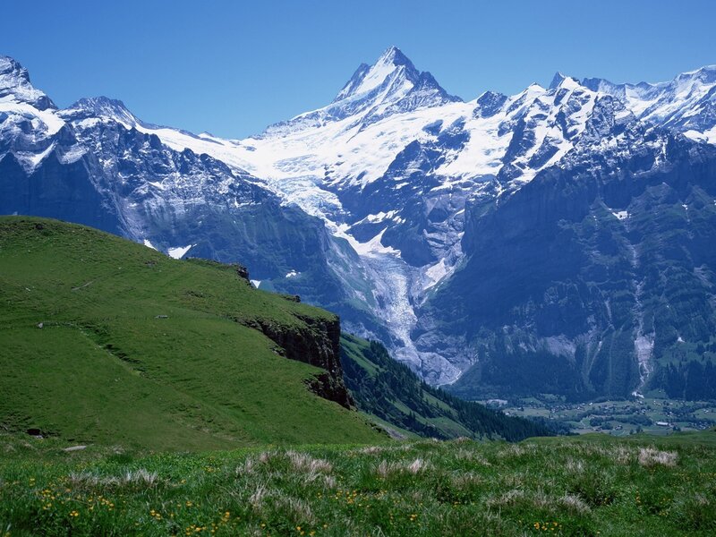 Snow-capped Mountain Range — Blue, Serene, Afternoon, Photograph, Green Hills