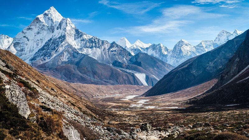 Snow-capped Mountain Range — Blue, Serene, Afternoon, Photograph, Valley, River, Sky, White, Brown