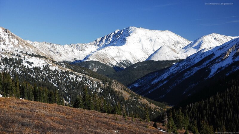 Snow-capped Mountain Range — Blue, Serene, Autumn, Photograph, Pine Trees