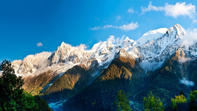 Snow-capped Mountain Range — Blue, Serene, Morning, Photograph, Clouds, Forest