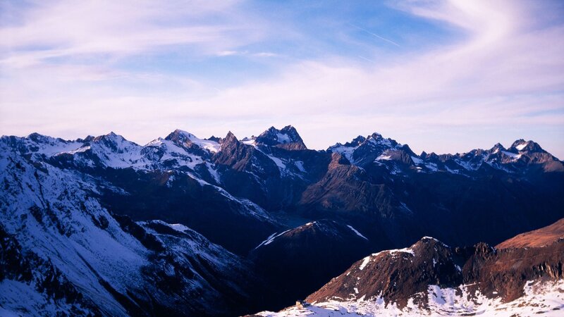 Snow-capped Mountain Range — Blue, Serene, Morning, Photograph, Mountains, Snow, Sky, White