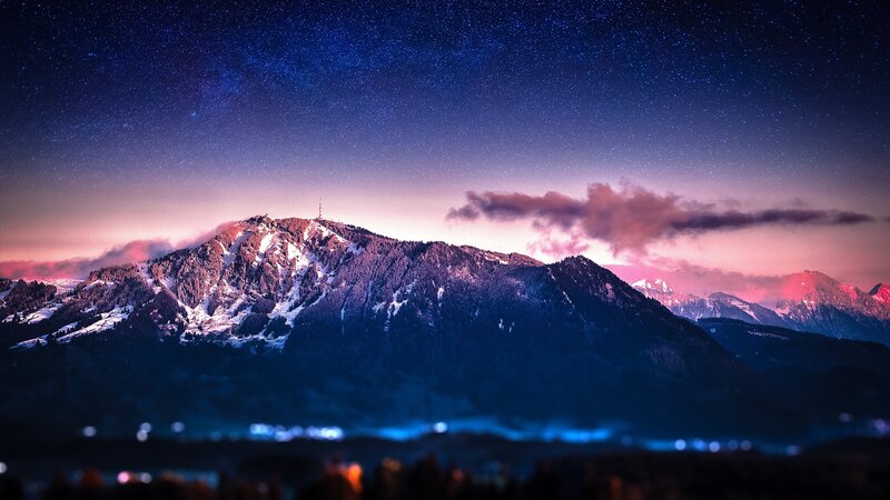 Snow-capped Mountain Range — Blue, Serene, Night, Photograph