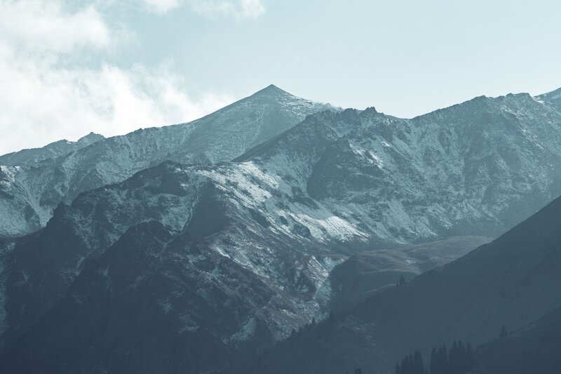 Snow-capped Mountain Range — Blue, Serene, Photograph, Mountains, Clouds, Trees