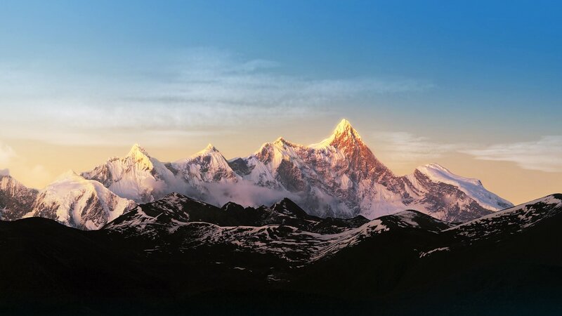 Snow-capped Mountain Range — Blue, Serene, Sunrise, Photograph, Mountains, Sky, Clouds