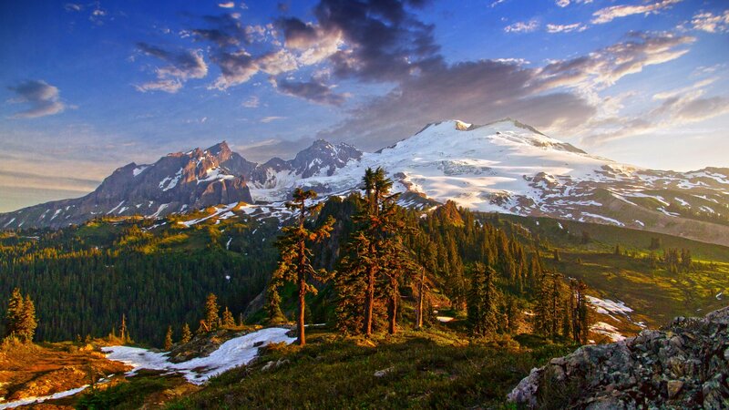 Snow-capped Mountain Range — Blue, Serene, Sunrise, Photograph, Trees
