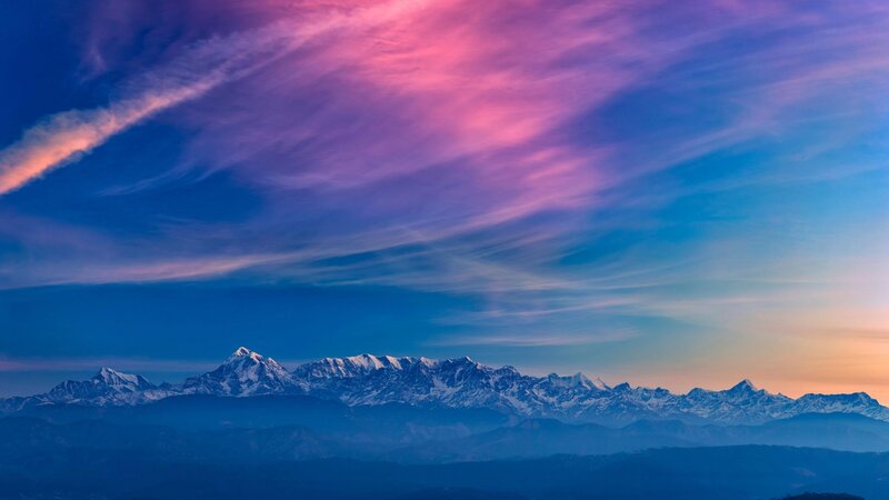 Snow-capped Mountain Range — Blue, Serene, Sunset, Photograph, Mountains, Clouds