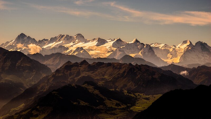Snow-capped Mountain Range — Brown, Serene, Sunset