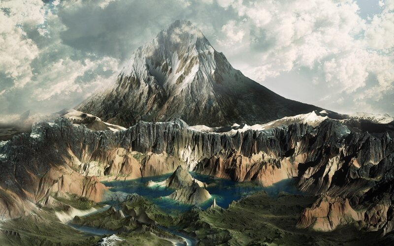 Snow-capped Mountain Range — Gray, Dramatic, Digital Art, Clouds