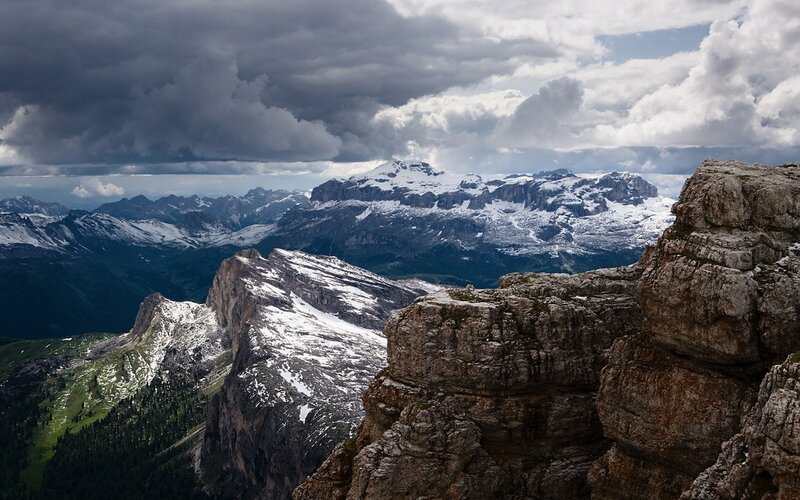 Snow-capped Mountain Range — Gray, Dramatic, Photograph, Clouds, Rocky Cliffs