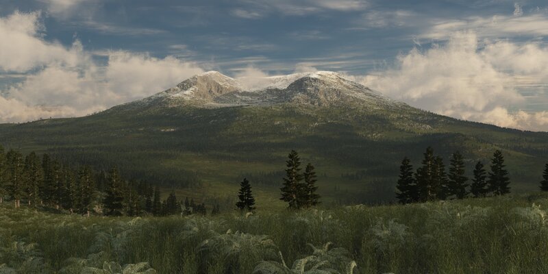 Snow-capped Mountain Range — Green, Serene, Afternoon, 3d Render, Forest