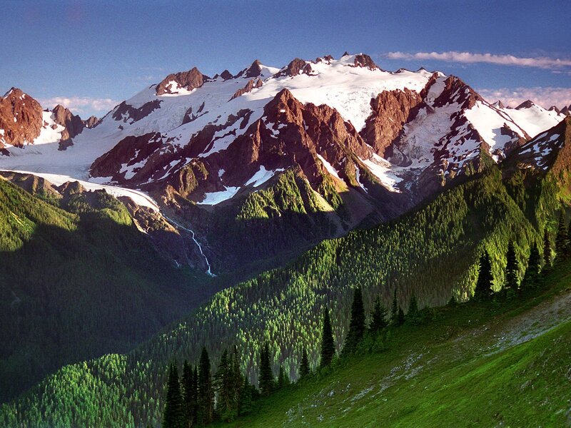 Snow-capped Mountain Range — Green, Serene, Afternoon, Photograph, Forests, Glaciers, Valley, Blue