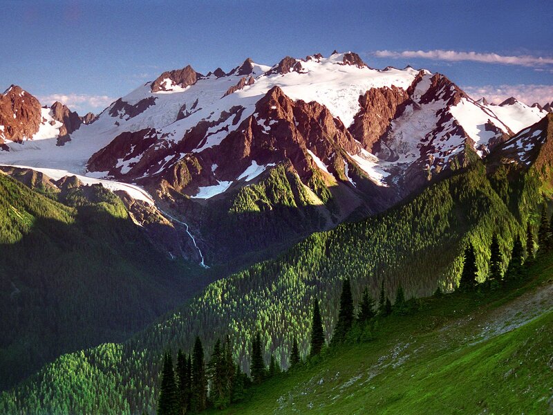 Snow-capped Mountain Range — Green, Serene, Afternoon, Photograph, Forests, Glaciers, Valley