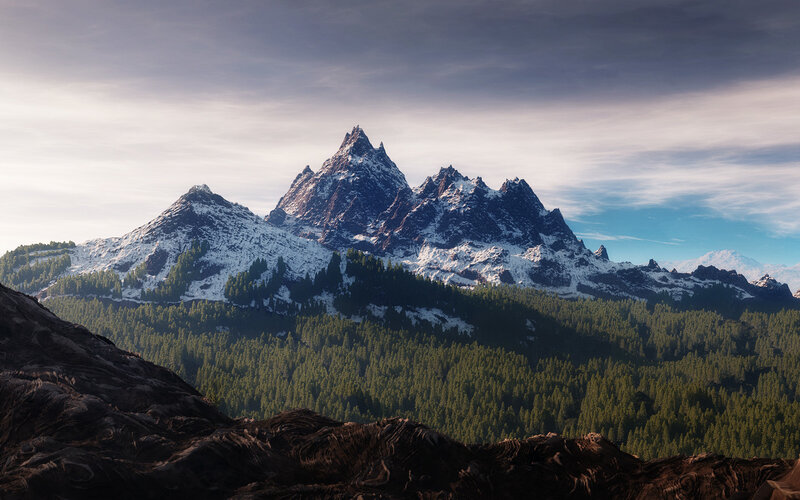 Snow-capped Mountain Range — Green, Serene, Morning, 3d Render, Forest, Sky