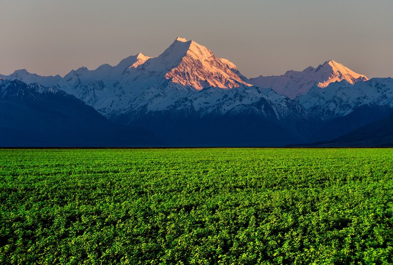 Snow-capped Mountain Range — Green, Serene, Sunrise
