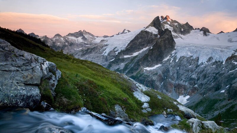 Snow-capped Mountain Range — Green, Serene, Sunset, Photograph