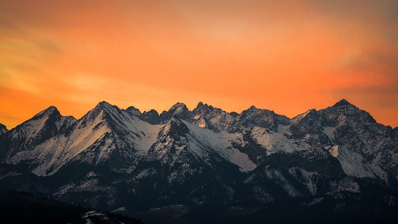 Snow-capped Mountain Range — Orange, Dramatic, Sunset, Photograph, Mountains