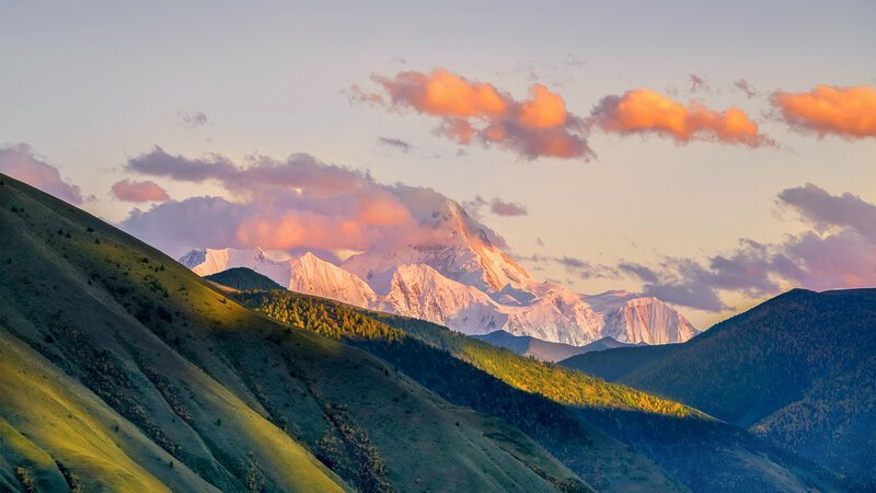 Snow-capped Mountain Range — Orange, Serene, Sunset, Photograph
