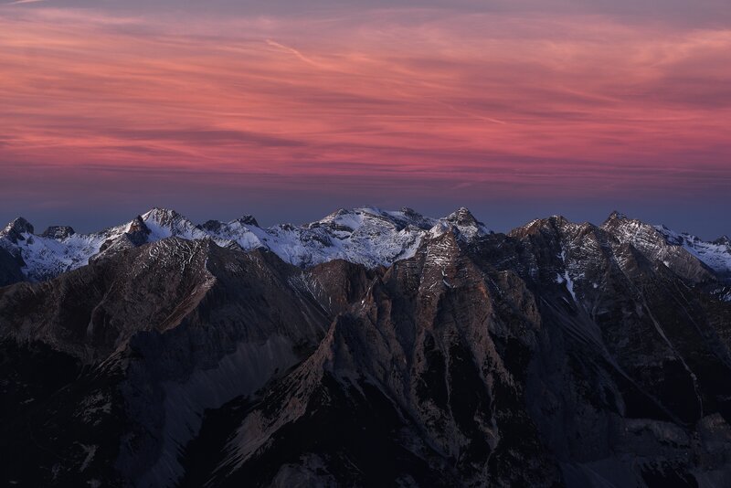 Snow-capped Mountain Range — Pink, Dramatic, Sunset, Photograph, Mountains