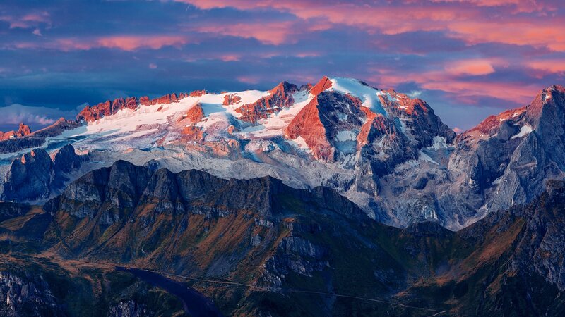 Snow-capped Mountain Range — Purple, Dramatic, Sunset, Photograph, Mountains, Glaciers