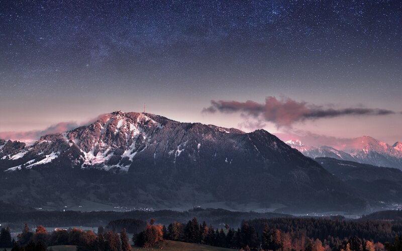 Snow-capped Mountain Range — Purple, Serene, Night, Photograph