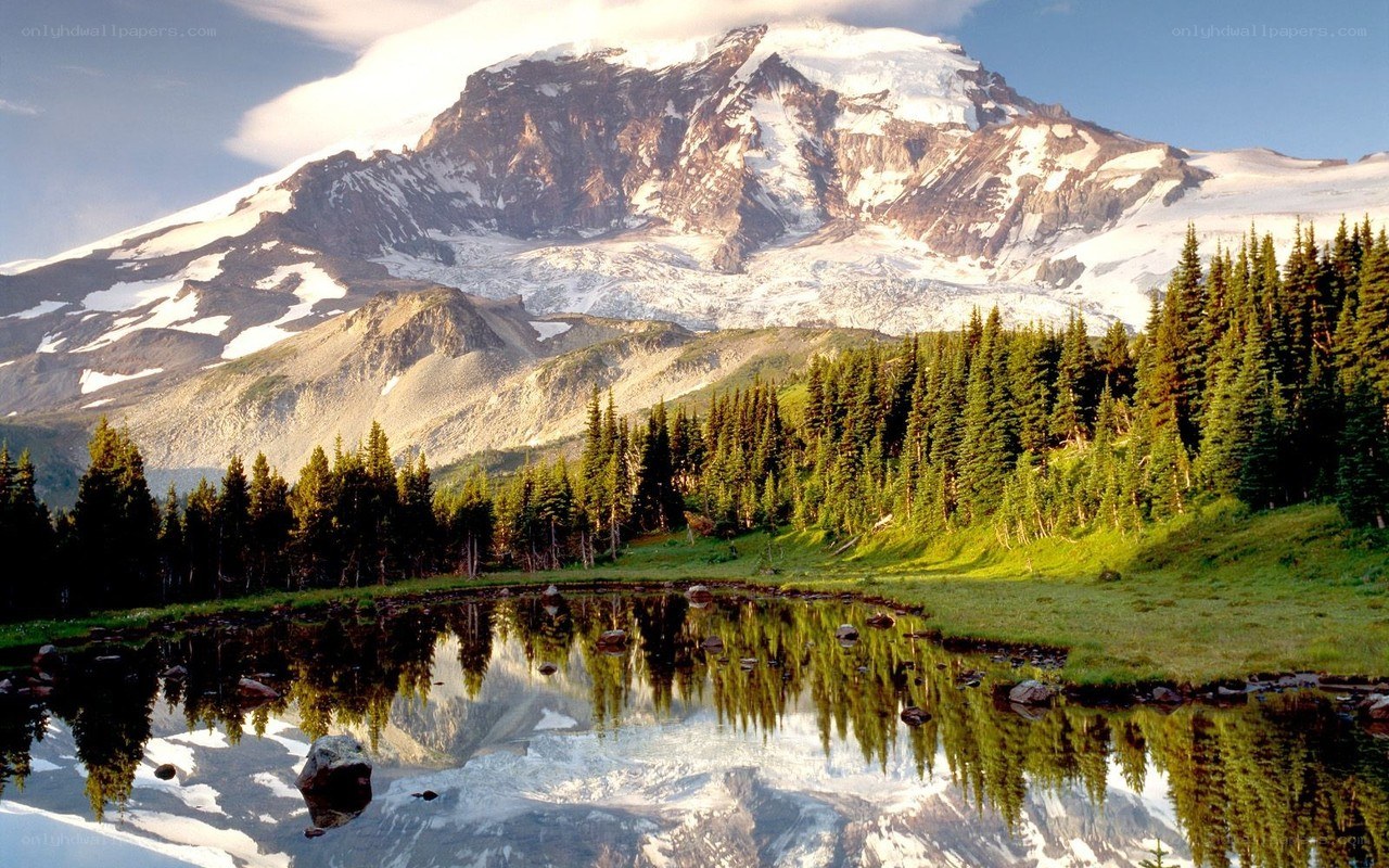 Snow-capped mountain reflected in a lake