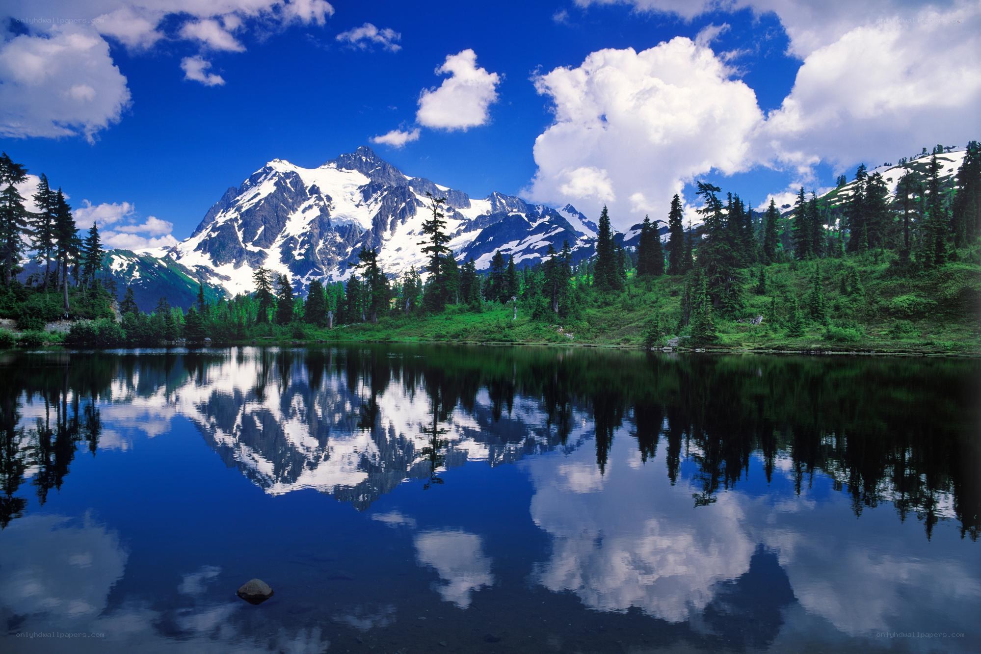 Snow-capped mountain reflected in lake