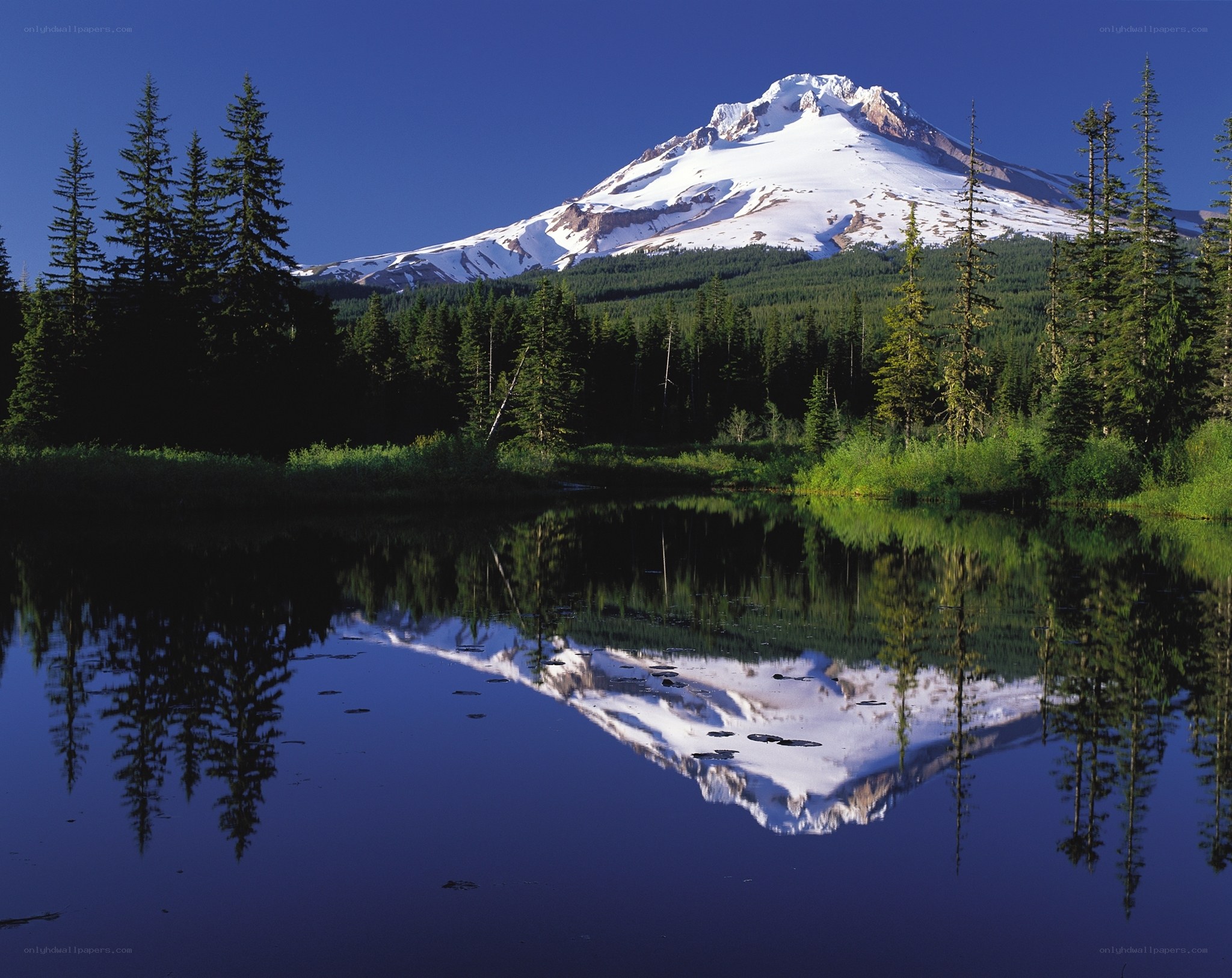 Snow-capped mountain reflected in lake