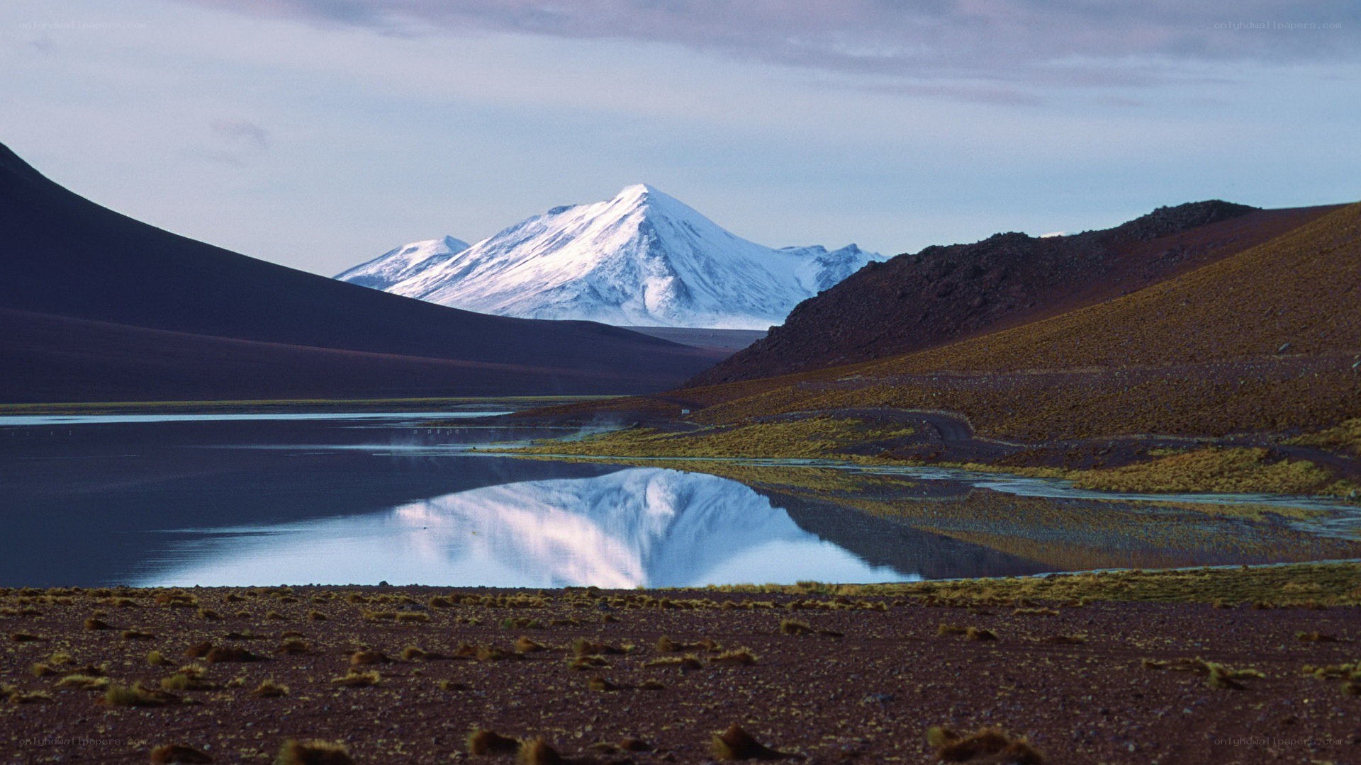 Snow-capped mountain reflected in lake