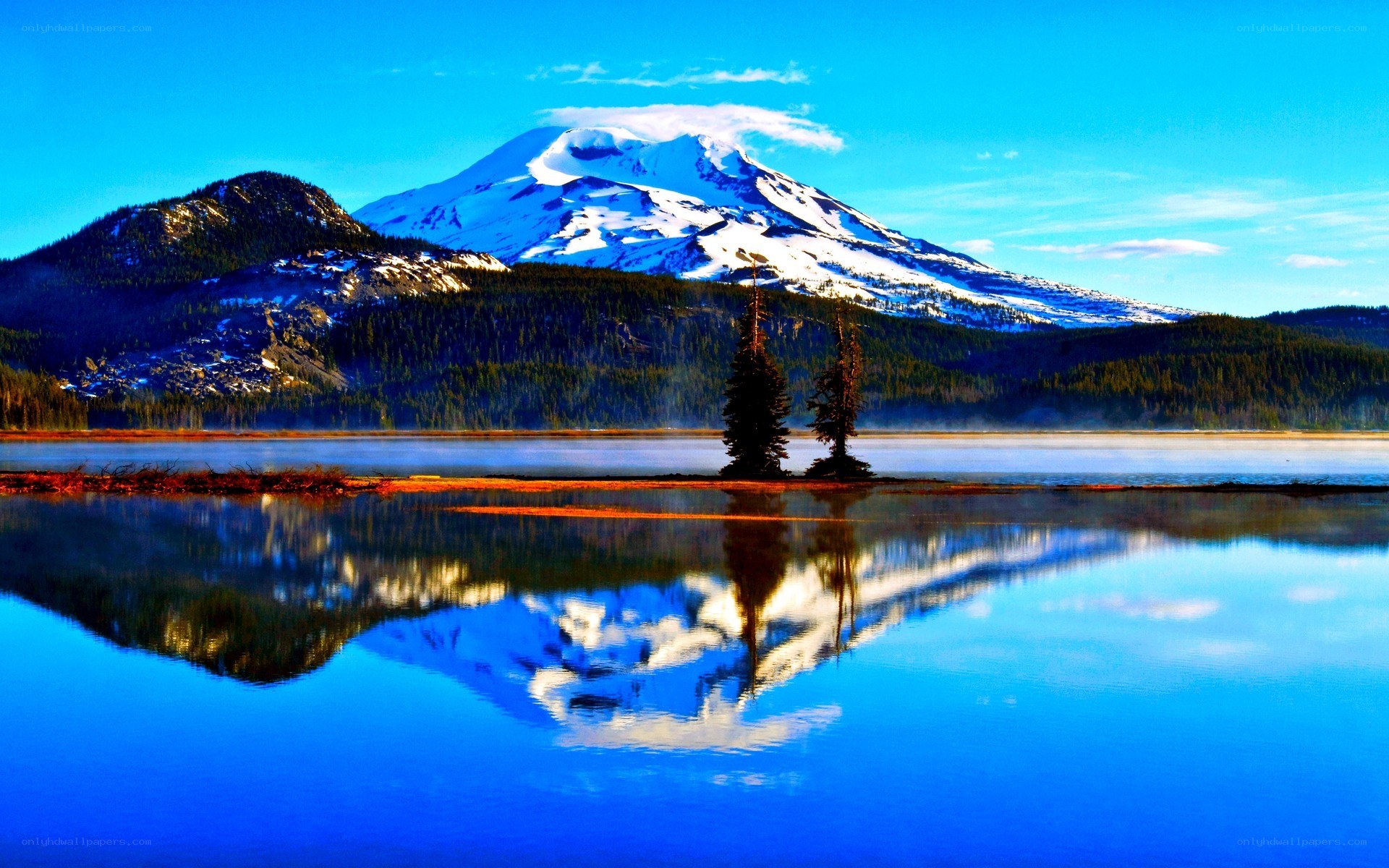 Snow-capped mountain reflected in lake