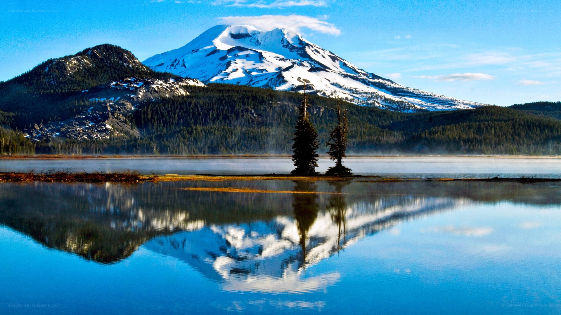 Snow-capped mountain reflected in lake