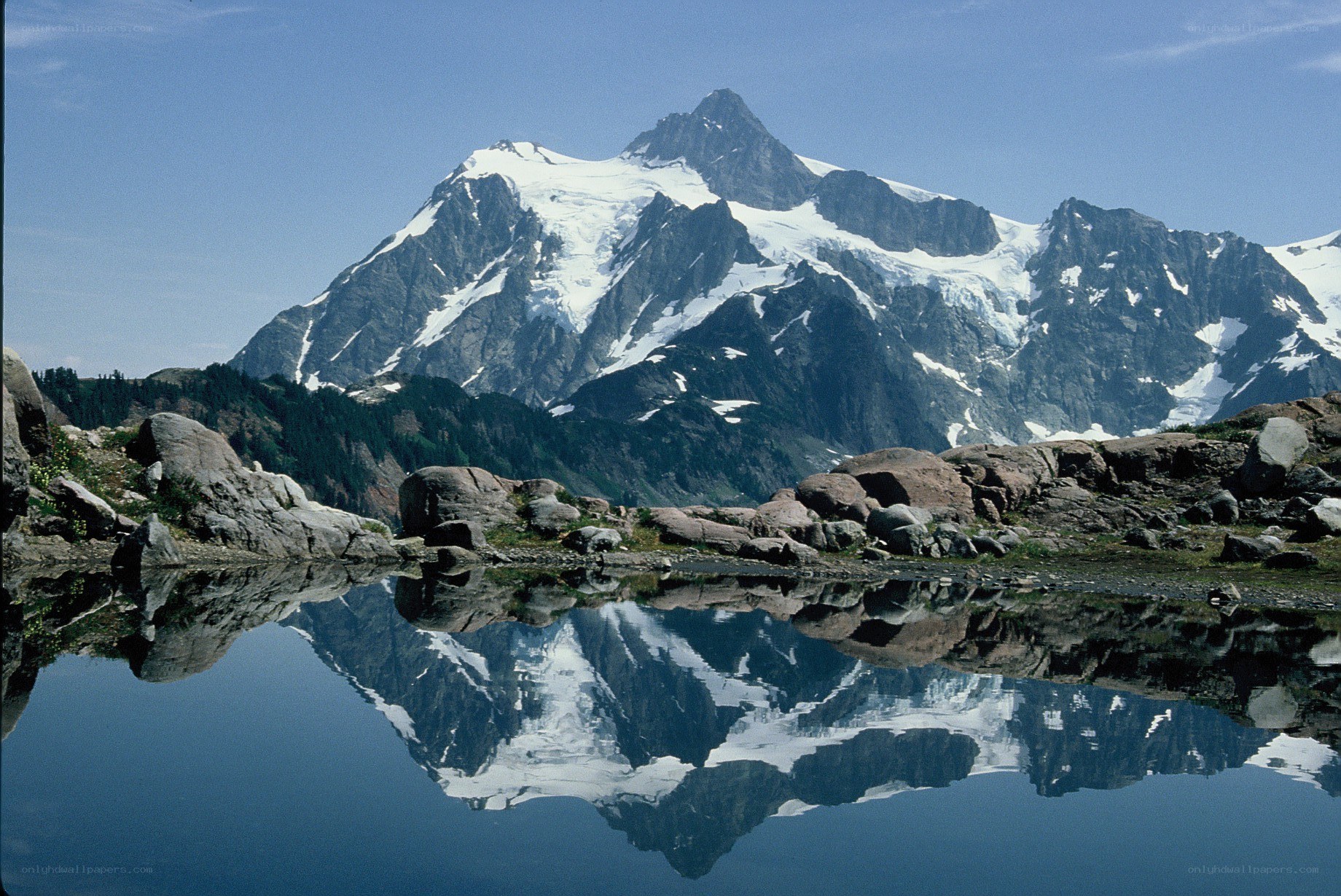 Snow-capped mountain reflected in lake